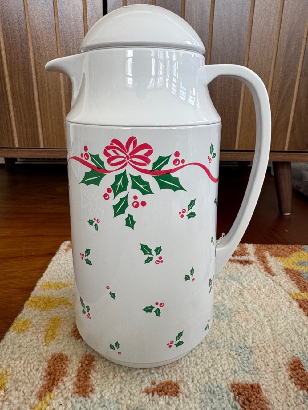 Vintage Corning Holiday Thermal Pitcher with Holly & Bow Design - White